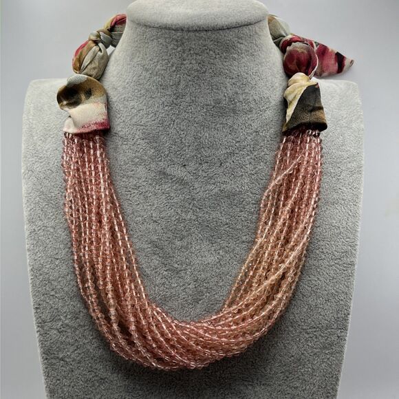 Anthropologie Pink Beaded Multi Strand Necklace Floral Satin Ribbon Tie - Picture 1 of 5